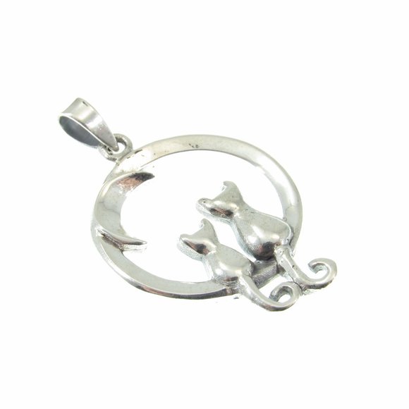 Solid 925 Sterling Silver Pair of Cats and Crescent Moon Pendant Cat Lady Gift - Picture 5 of 8